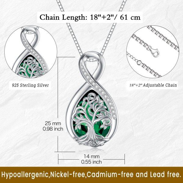 Sterling Silver Infinity Tree of Life Teardrop Pendant Necklace with May Birthstone-1