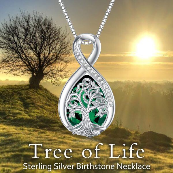 Sterling Silver Infinity Tree of Life Teardrop Pendant Necklace with May Birthstone-2