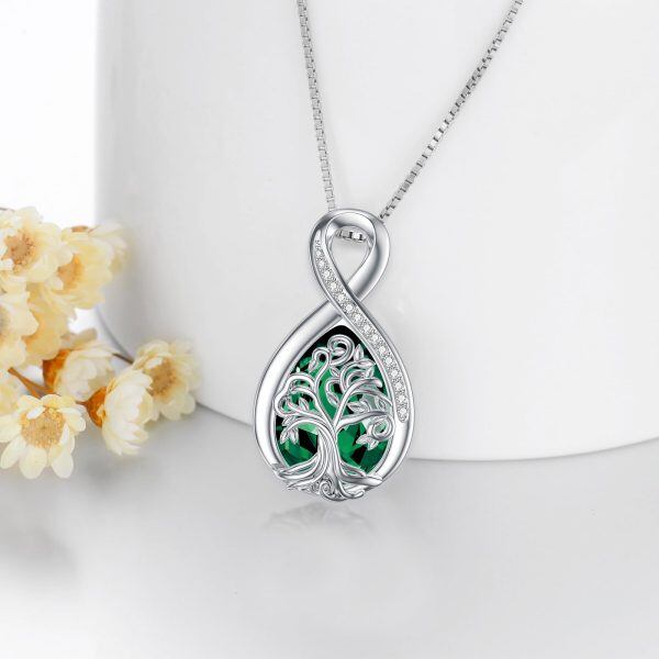 Sterling Silver Infinity Tree of Life Teardrop Pendant Necklace with May Birthstone-4