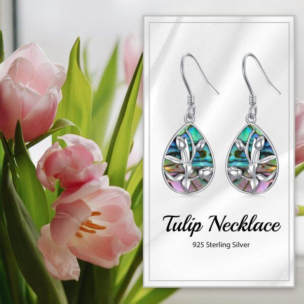 Sterling Silver Abalone Shell Tulip Flower Dangle Earrings-5