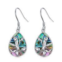 wholesale 925 Sterling Silver Abalone Shell Tulip Drop Earrings with Pink and Green Stripes for Women- Rhodium Plated