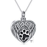 wholesale 925 Sterling Silver Paw Print Angel Wings Heart Cremation Keepsake Pendant Necklace with Funnel and Fill Tool - Pet Memorial Jewelry- Oxidized/Oxidised