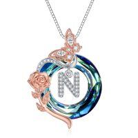 wholesale 925 Sterling Silver Rose Flower Blue Crystal Letter N Pendant Necklace Gift for Her- Rhodium And Rose Gold Plated