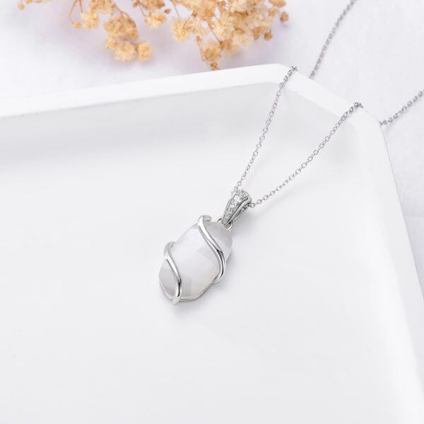 Sterling Silver Infinity White Cat's Eye Pendant Necklace-4