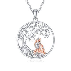 Sterling Silver Tree of Life & Fox Mother Child Pendant Necklace-0