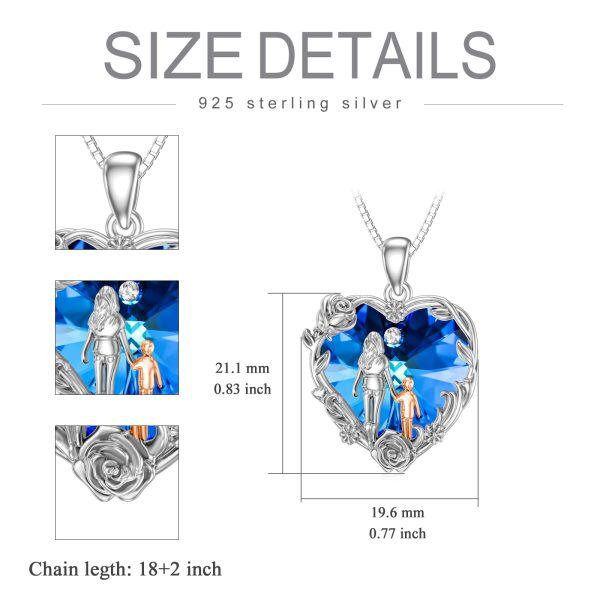 Sterling Silver Mother Child Heart Crystal Pendant Necklace with Rose Flower-1