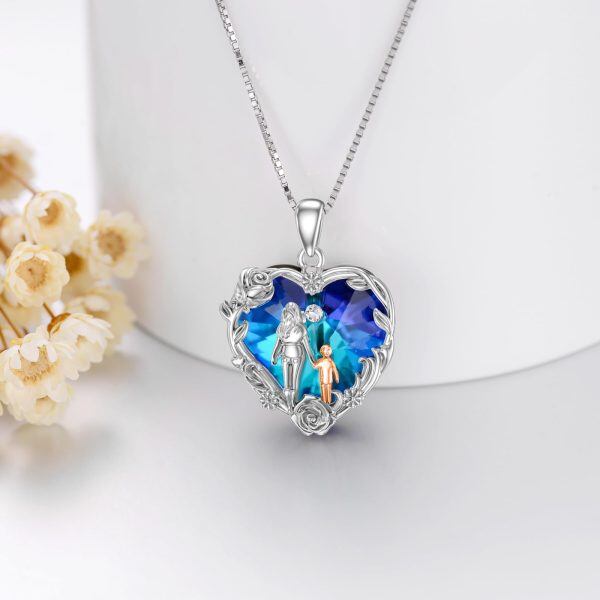 Sterling Silver Mother Child Heart Crystal Pendant Necklace with Rose Flower-3