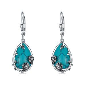 Sterling Silver Oxidized Sunflower Turquoise Dangle Earrings-0