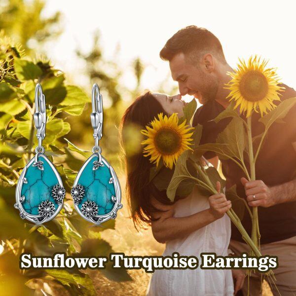 Sterling Silver Oxidized Sunflower Turquoise Dangle Earrings-5