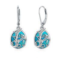 wholesale 925 Sterling Silver Oval Turquoise Drop Earrings with Floral Design for Women's  Ideas- Oxidized/Oxidised