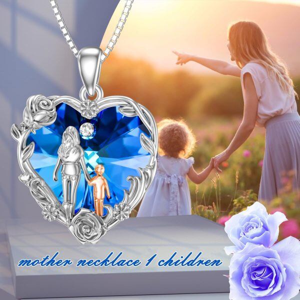 Sterling Silver Mother Child Heart Crystal Pendant Necklace with Rose Flower-5