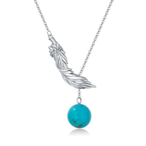 Sterling Silver Feather Turquoise Pendant Necklace-0