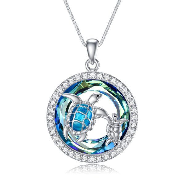 Sterling Silver Turtle Mother Child Crystal Pendant Necklace-0