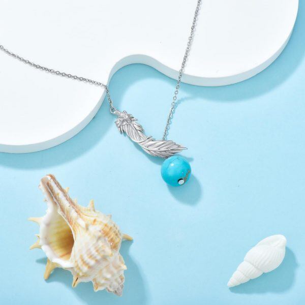 Sterling Silver Feather Turquoise Pendant Necklace-4