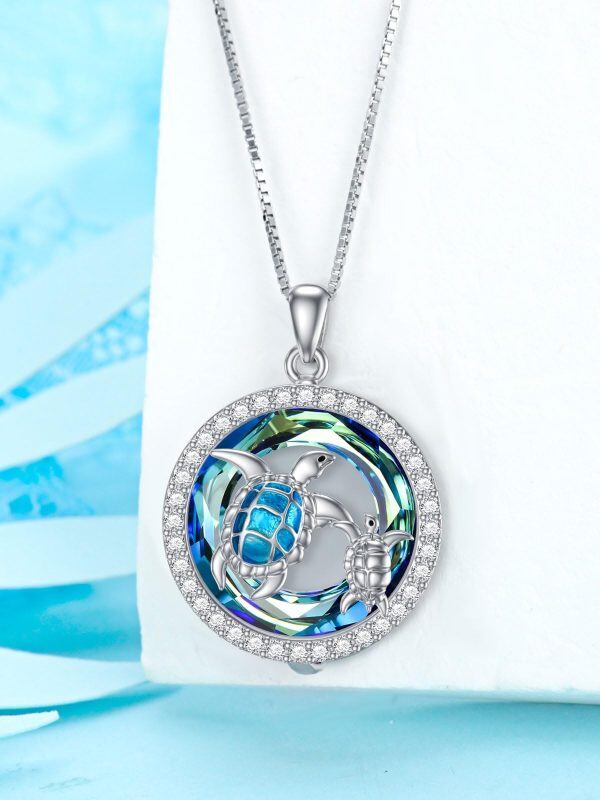 Sterling Silver Turtle Mother Child Crystal Pendant Necklace-3