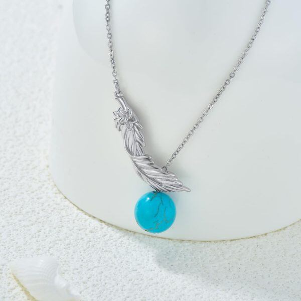 Sterling Silver Feather Turquoise Pendant Necklace-5