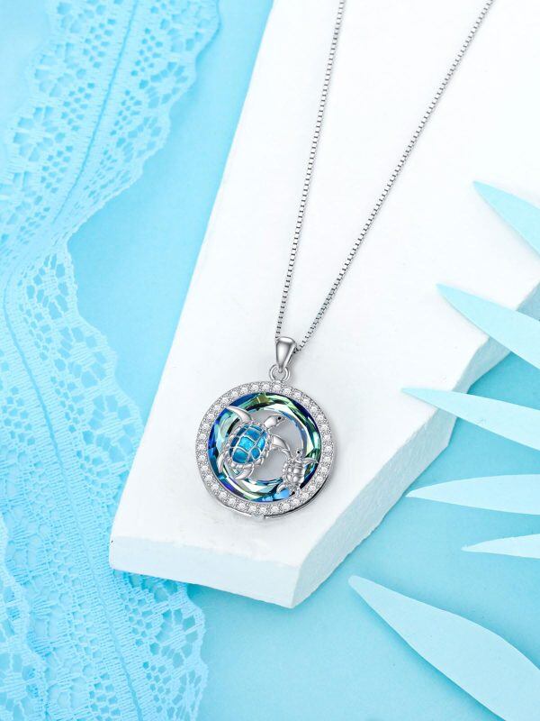 Sterling Silver Turtle Mother Child Crystal Pendant Necklace-4