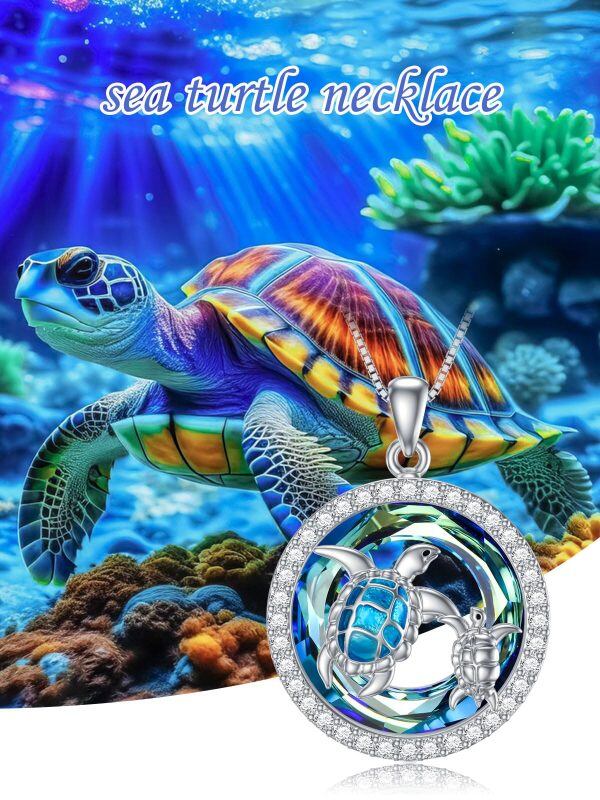 Sterling Silver Turtle Mother Child Crystal Pendant Necklace-5