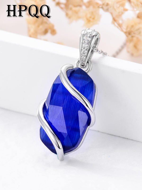 Sterling Silver Infinity Blue Cat's Eye Pendant Necklace-4