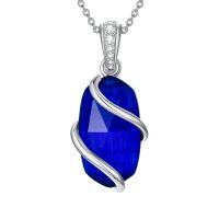 wholesale 925 Sterling Silver Blue Cat's Eye Stone Twist Design Pendant Necklace for Women Mother Gifts- Rhodium Plated