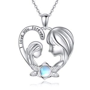 Sterling Silver Mom Daughter Moonstone Heart Pendant Necklace-0