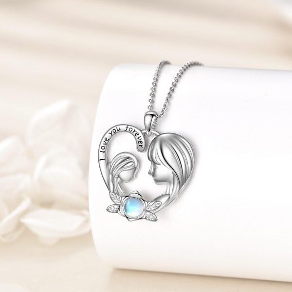 Sterling Silver Mom Daughter Moonstone Heart Pendant Necklace-3