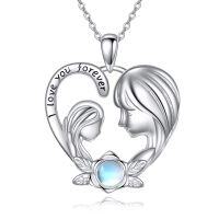 wholesale 925 Sterling Silver I Love You Forever Mom & Daughter Moonstone Heart Pendant Necklace- Rhodium Plated