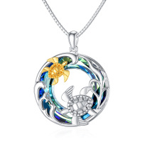wholesale 925 Sterling Silver Metal Crystal Base Sea Life Mermaid & Turtle Pendant Necklace- Two Tone