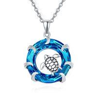 wholesale 925 Sterling Silver Blue Crystal Sea Turtle Lifebuoy Pendant Necklace Ocean Animal for Women Girls- Rhodium Plated