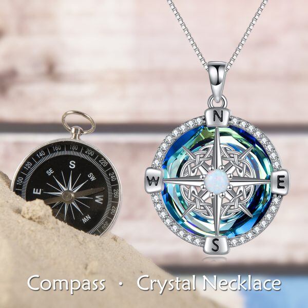 Sterling Silver Crystal Compass Pendant Necklace-4