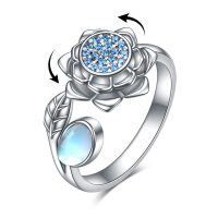 wholesale 925 Sterling Silver Non-Precious Metal Moonstone Anxiety Spinner Ring for Women - Adjustable Lotus Flower Stress Relief Ring with Blue Stones and White Stone Accent- Rhodium Plated