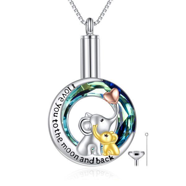 Sterling Silver Tri-Tone Crystal Elephant Moon Urn Necklace-0