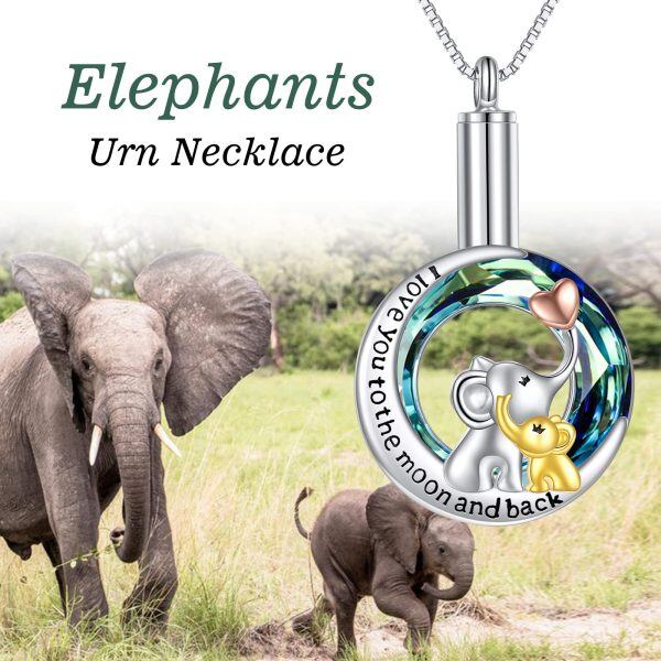 Sterling Silver Tri-Tone Crystal Elephant Moon Urn Necklace-3