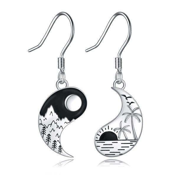 Sterling Silver Yin Yang Mountains Sea and Sun Moon Dangle and Drop Earrings-0