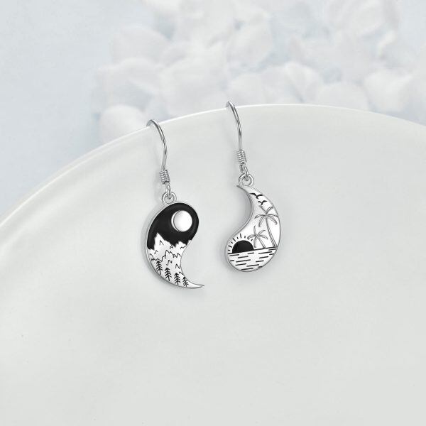 Sterling Silver Yin Yang Mountains Sea and Sun Moon Dangle and Drop Earrings-1