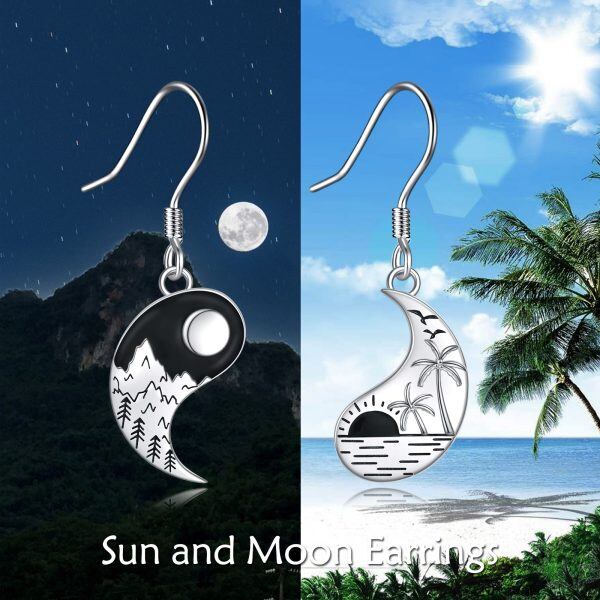 Sterling Silver Yin Yang Mountains Sea and Sun Moon Dangle and Drop Earrings-4