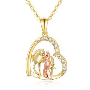 14K Gold Heart Horse and Girl Pendant Necklace-0