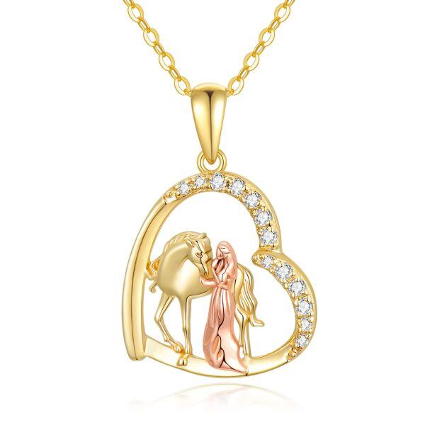 14K Gold Heart Horse and Girl Pendant Necklace-0