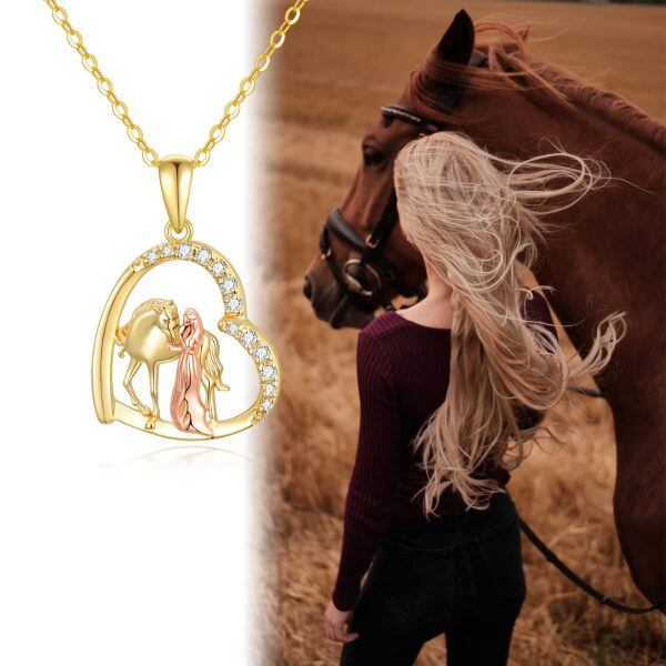 14K Gold Heart Horse and Girl Pendant Necklace-4