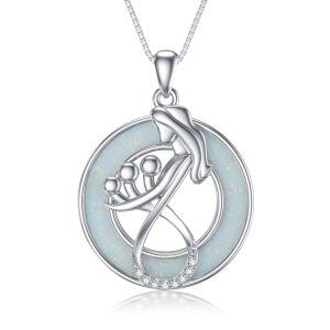 Sterling Silver Mom and Three Child Pendant Necklace with Opal Circle-0