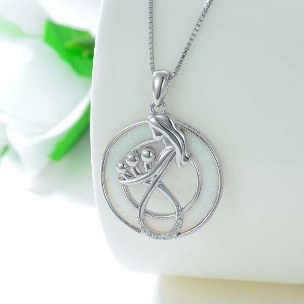 Sterling Silver Mom and Three Child Pendant Necklace with Opal Circle-3