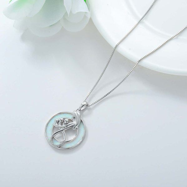 Sterling Silver Mom and Three Child Pendant Necklace with Opal Circle-4