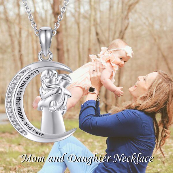 Sterling Silver Moon Mom Child Pendant Necklace-5