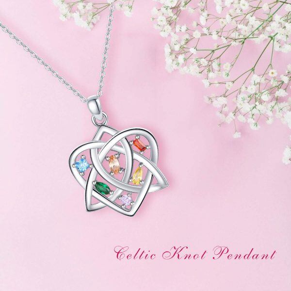 Sterling Silver Celtic Knot Love Heart Pendant Necklace with Multi-Color Cubic Zircon-5