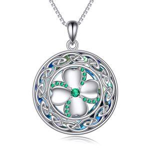 Sterling Silver Four Leaf Clover Crystal Pendant Necklace-0