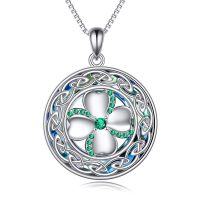 wholesale 925 Sterling Silver Four-Leaf Clover Pendant with Green Crystals and Celtic Knot Design - Perfect Gift for Her (Women/Sister/Wife/Mom/Girlfriend/Graduation/Birthday/V-Day/Mother's Day/Xmas)- Rhodium Plated