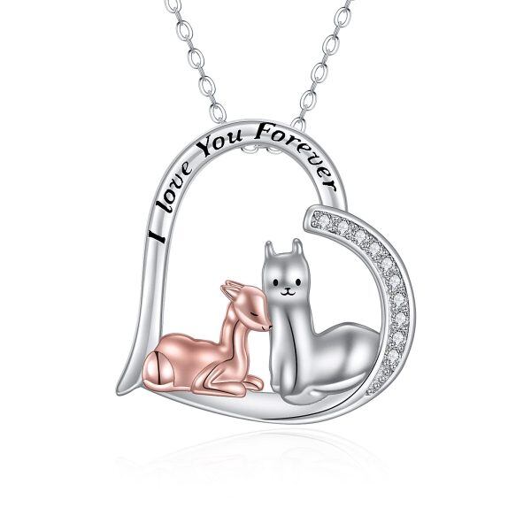 Sterling Silver Llama Mother Child Heart Pendant Necklace-0