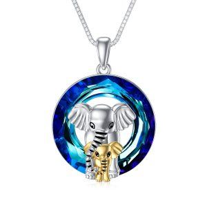 Sterling Silver Elephant Mother Child Pendant Necklace with Crystal Circle-0