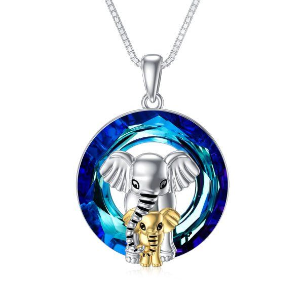 Sterling Silver Elephant Mother Child Pendant Necklace with Crystal Circle-0