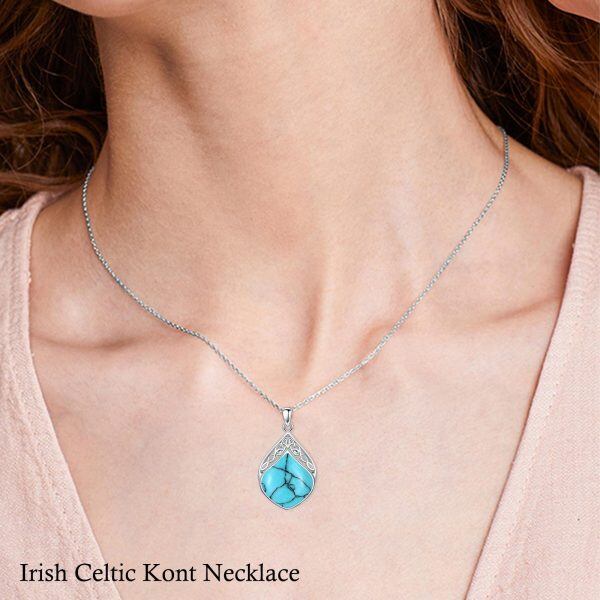 Sterling Silver Celtic Knot Turquoise Teardrop Pendant Necklace-3